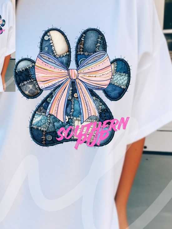Gildan Tops - Gildan White Tee with Denim Patch Paw & Pastel Bow